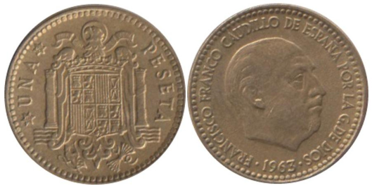  Испания. 1 песета 1963 год. Франсиско Франко. (64 внутри звезды) 