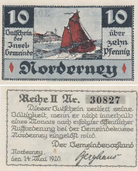  Бона. Германия. Нордернай 10 пфеннигов 1920 год. Парусник. Нотгельд. (XF) 