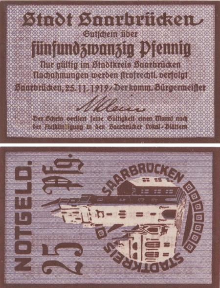  Бона. Германия. Саарбрюккен 25 пфеннигов 1919 год. Нотгельд. (XF) 