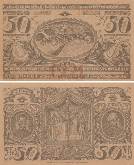  Бона. Германия. Обераммергау 50 пфеннигов 1921 год. Нотгельд коричневый. (XF) 