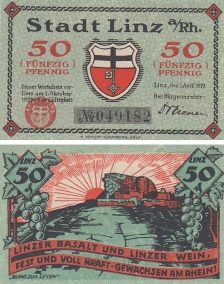  Бона. Германия. Линц-ам-Райн 50 пфеннигов 1919 год. Нотгельд. (XF) 