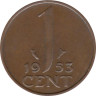  Нидерланды. 1 цент 1953 год. Королева Юлиана. 