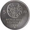  Норвегия. 5 крон 1995 год. 1000 лет чеканке монет Норвегии. 