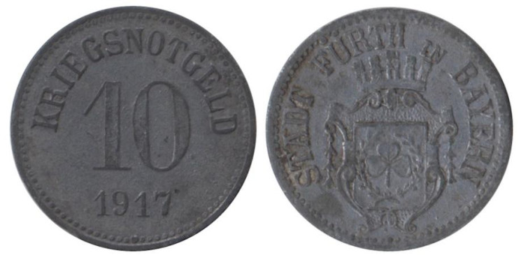  Германия. Фюрт. 10 пфеннигов 1917 год. Нотгельд. 