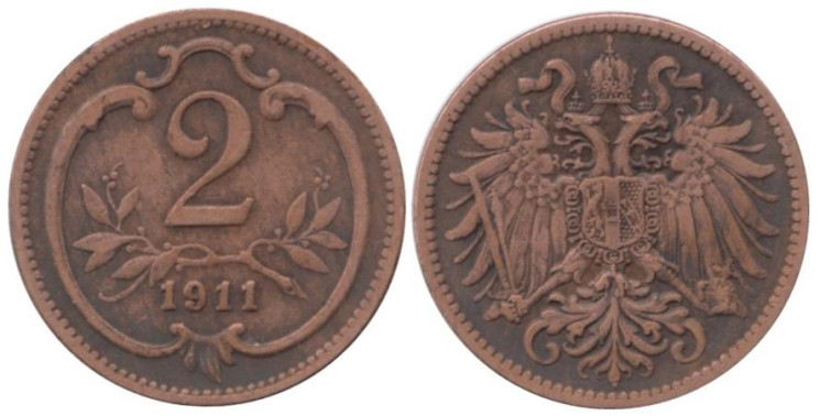  Австрия. 2 геллера 1911 год. 