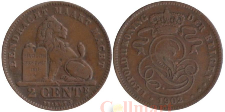  Бельгия. 2 сантима 1902 год. DER BELGEN 