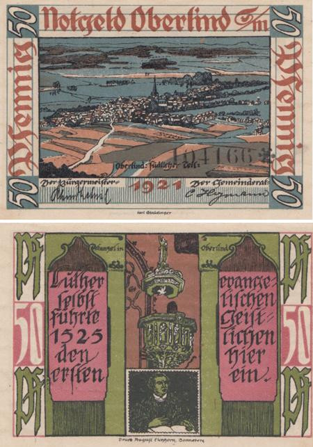  Бона. Германия. Оберлинд (Зоннеберг) 50 пфеннигов 1921 год. Нотгельд. (XF) 