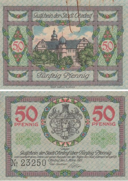  Бона. Германия. Ордруф 50 пфеннигов 1921 год. Герб серый. Нотгельд. (XF) 
