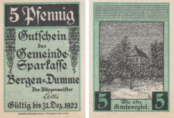 Бона. Германия. Берген-ан-дер-Глуп 5 пфеннигов 1922 год. Нотгельд. (XF)