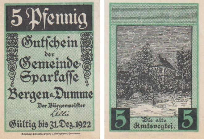  Бона. Германия. Берген-ан-дер-Глуп 5 пфеннигов 1922 год. Нотгельд. (XF) 