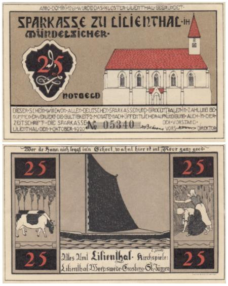  Бона. Германия. Лилиенталь 25 пфеннигов 1921 год. Вар. 1, без литеры. Нотгельд. (XF) 