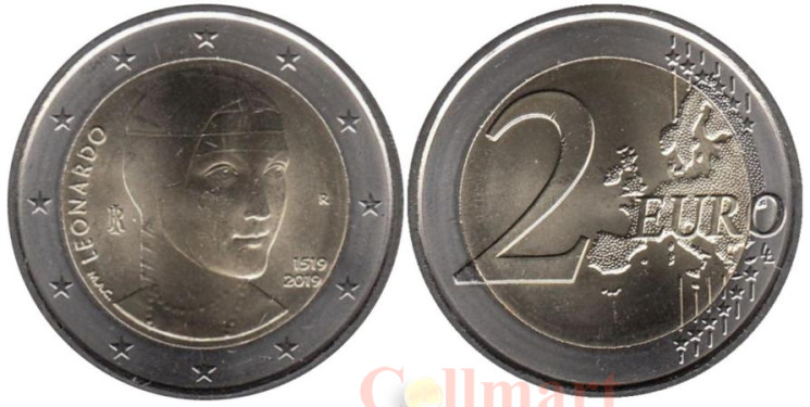  Италия. 2 евро 2019 год. Леонардо да Винчи - 500 лет со дня смерти. 
