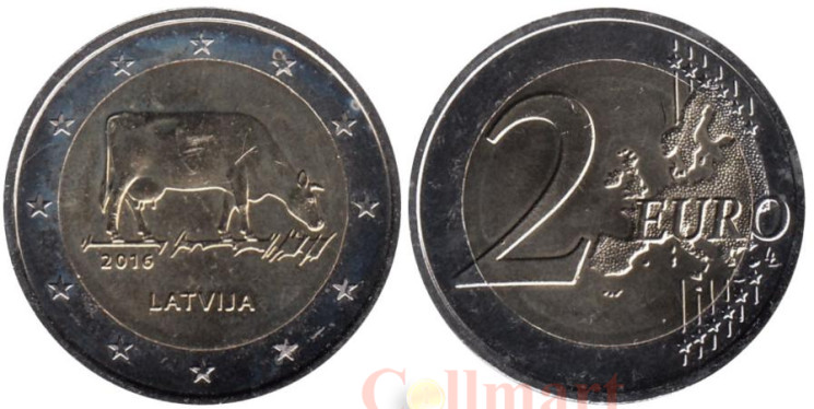  Латвия. 2 евро 2016 год. Латвийская бурая корова. 