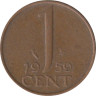  Нидерланды. 1 цент 1959 год. Королева Юлиана. 