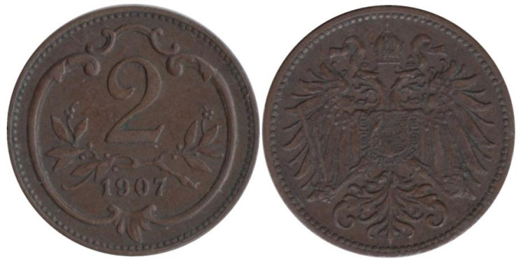  Австрия. 2 геллера 1907 год. 