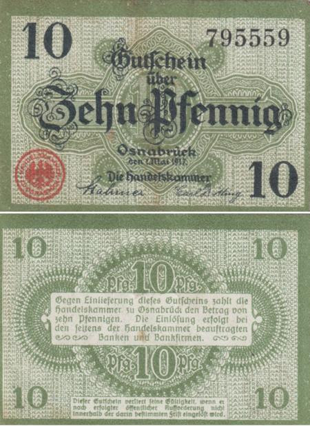  Бона. Германия. Оснабрюк 10 пфеннигов 1917 год. Нотгельд. (VF) 