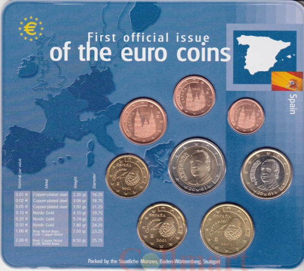  Испания. Годовой набор евро монет 2001 года в банковской запайке. 