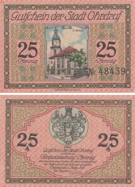  Бона. Германия. Ордруф 25 пфеннигов 1921 год. Нотгельд розовый. (XF) 