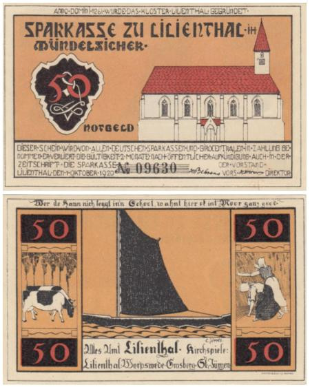  Бона. Германия. Лилиенталь 50 пфеннигов 1921 год. Вар. 1, без литеры. Нотгельд. (XF) 