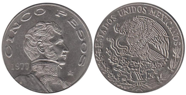  Мексика. 5 песо 1977 год. Висенте Герреро. 
