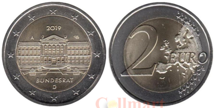  Германия. 2 евро 2019 год. 70 лет Бундесрату. (A) 