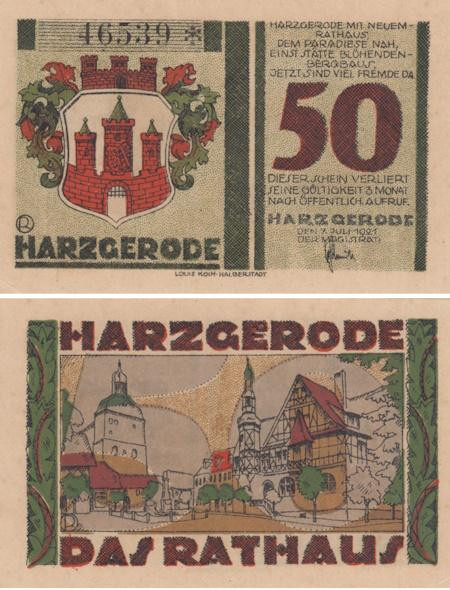  Бона. Германия. Харцгероде 50 пфеннигов 1921 год. Ратуша. Нотгельд красно-зеленый. (VF) 