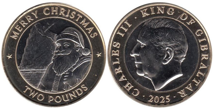  Гибралтар. 2 фунта 2025 год. Счастливого Рождества. 