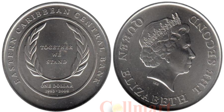  Восточные Карибы. 1 доллар 2008 год. 25 лет Восточно-Карибскому Центральному банку. 