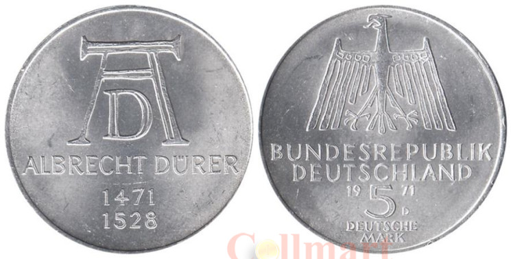  Германия (ФРГ). 5 марок 1971 год. 500 лет со дня рождения Альбрехта Дюрера. 