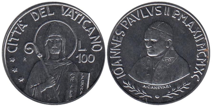  Ватикан. 100 лир 1990 год. Епископ. 