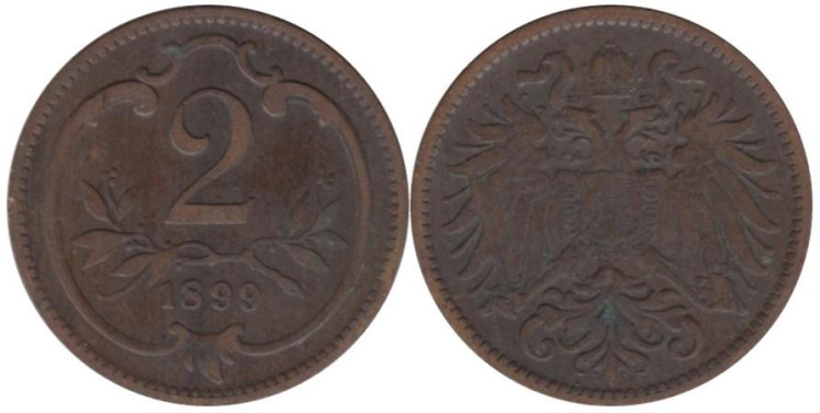  Австрия. 2 геллера 1899 год. 