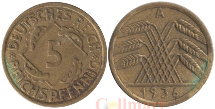  Веймарская республика. 5 рейхспфеннигов 1936 год. (A) 