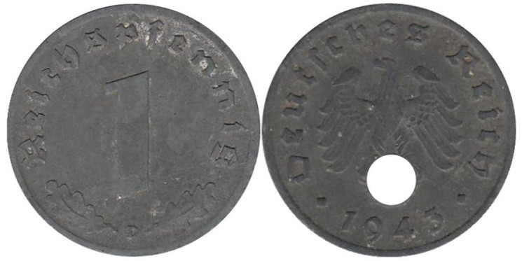  Германия - Третий рейх. 1 рейхспфенниг 1943 год. (D) 