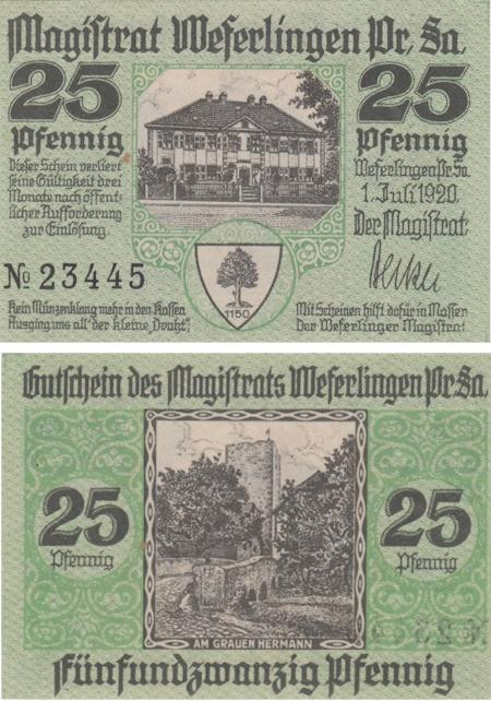  Бона. Германия. Веферлинген 25 пфеннигов 1920 год. Нотгельд. (XF) 
