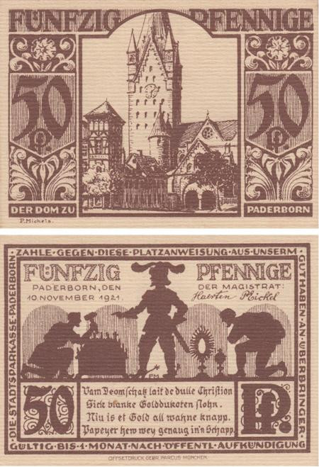  Бона. Германия. Падерборн 50 пфеннигов 1921 год. Нотгельд коричневый. (XF) 