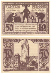 Бона. Германия. Падерборн 50 пфеннигов 1921 год. Собор в Падерборне. Нотгельд коричневый. (XF)