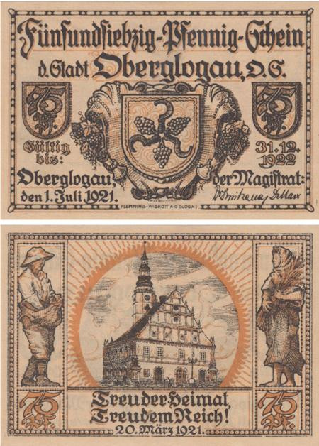  Бона. Германия (Польша). Оберглогау (Глогувек) 75 пфеннигов 1921 год. Нотгельд. (XF) 