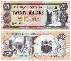 Бона. Гайана 20 долларов 2009 год. Водопад Кайетур. Паром Малали. (Пресс)