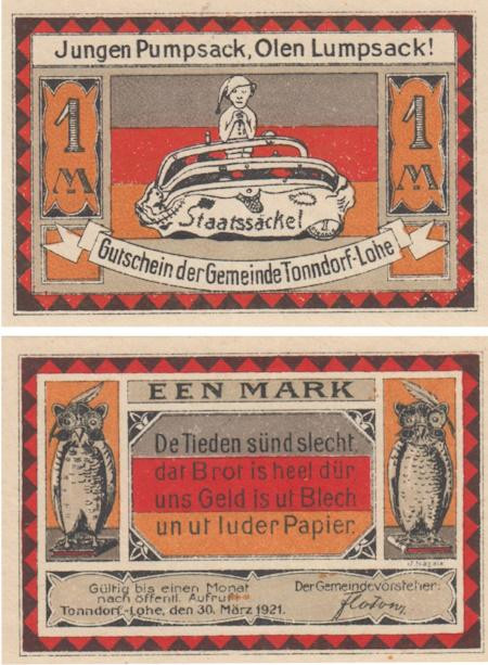  Бона. Германия. Тондорф 1 марка 1921 год. Нотгельд. (XF) 