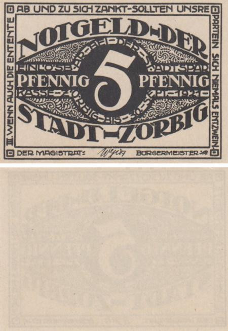  Бона. Германия. Цёрбиг 5 пфеннигов 1921 год (вариант 1). Нотгельд. (XF) 