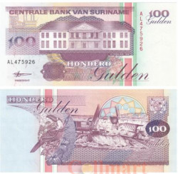 Бона. Суринам 100 гульденов 1998 год. Здание Центрального банка. (Пресс)