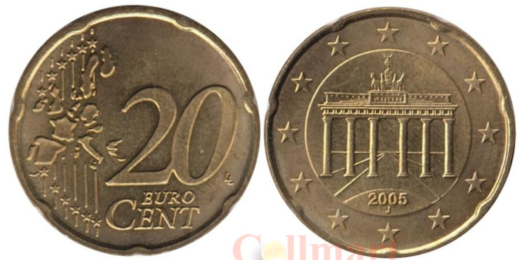  Германия. 20 евроцентов 2005 год. Бранденбургские ворота. (J) 