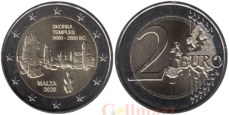  Мальта. 2 евро 2020 год. Храмовый комплекс Скорба - Доисторические места Мальты. 