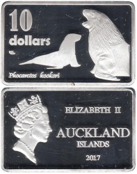 Оклендские острова. 10 долларов 2017 год. Новозеландский морской лев.