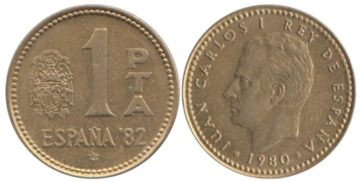 Испания. 1 песета 1980 год. Чемпионат мира по футболу 1982. (80 внутри звезды) 