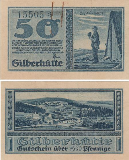  Бона. Германия. Харцгероде 50 пфеннигов 1921 год. Панорама города. Нотгельд синий. (XF) 