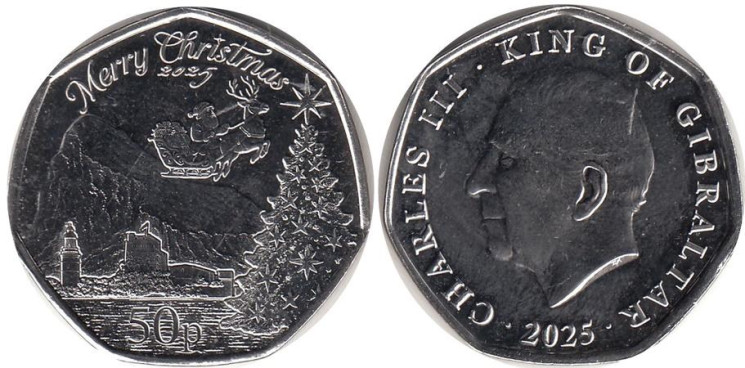  Гибралтар. 50 пенсов 2025 год. Рождество. 