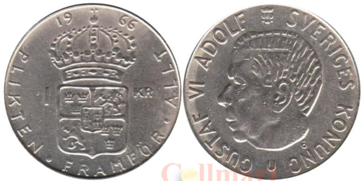  Швеция. 1 крона 1966 год. Король Густав VI Адольф. 