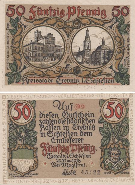  Бона. Германия (Польша). Требниц (Тшебница) 50 пфеннигов 1918 год. Нотгельд. (XF) 