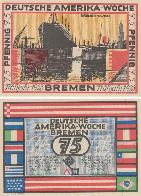  Бона. Германия. Бремен 75 пфеннигов 1923 год. Неделя Немецкой Америки в Бремене - Бремерхафен (серия A). Нотгельд. (XF) 